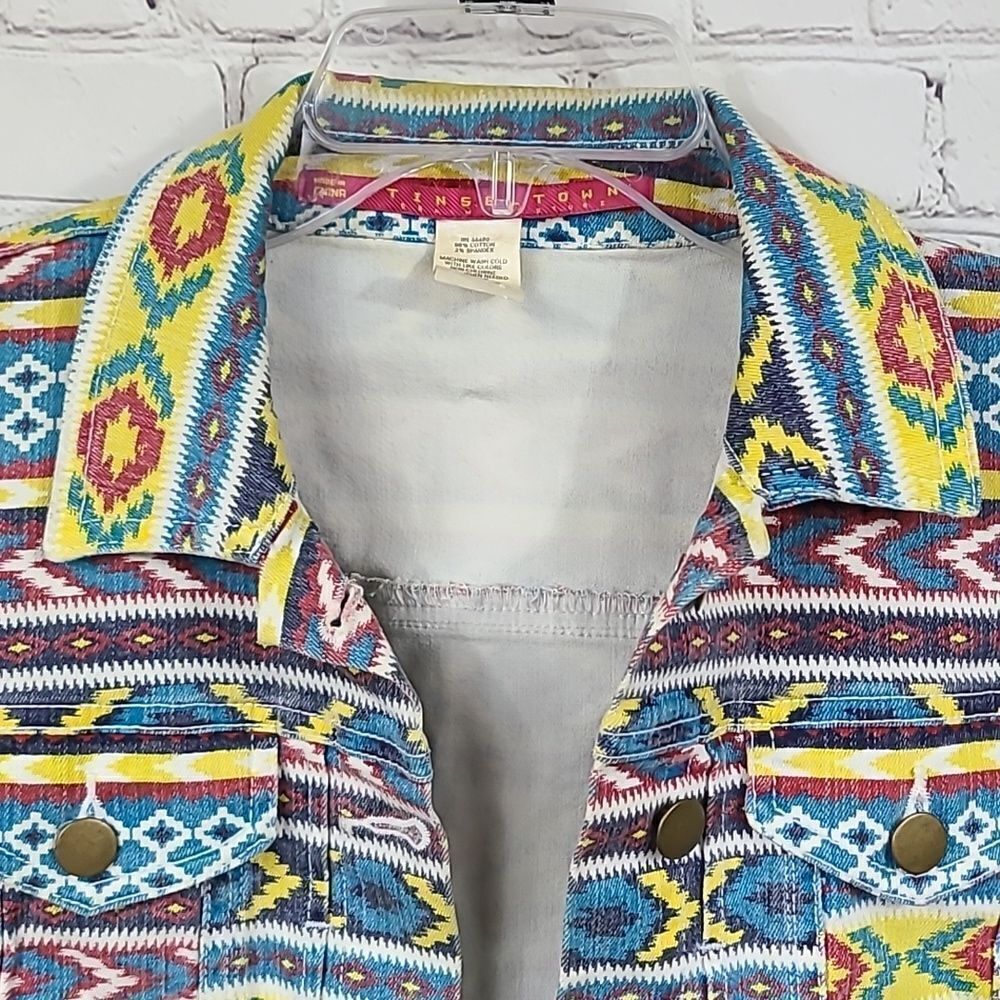 Tinseltown Denim Couture Aztec Tribal Cropped Jean Jacket Western Stretch Boho - Picture 6 of 10